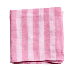 Pink color folded cotton striped napkin isolated Kitchen towel top view Element for design on white background