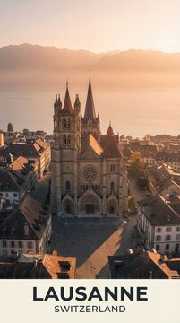 Lausanne Switzerland Gothic Cathedral Lake Geneva Scenic Travel Poster