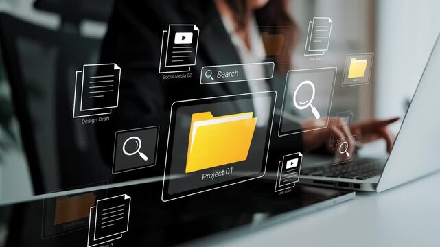 Business professional reviewing digital files and folders on modern interface with search options and interactive elements for project management and organization Gluon.
