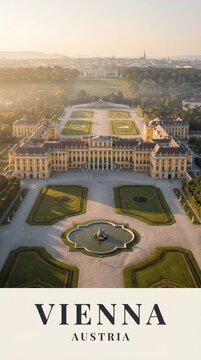 Vienna Austria Travel Poster Schonbrunn Palace Aerial Gardens Golden Sunrise