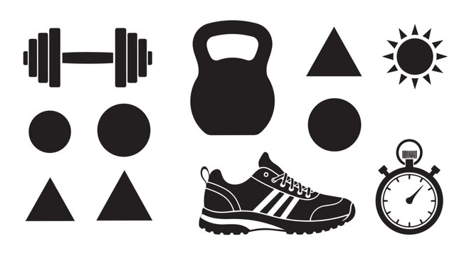 Fitness icons set including dumbbell kettlebell shoe and stopwatch for health and wellness concepts together