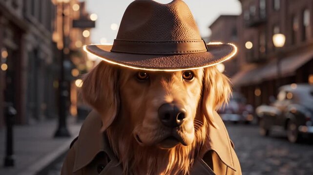 A focused 3d animated poodle detective diligently writes in a red notebook on a bustling city street.