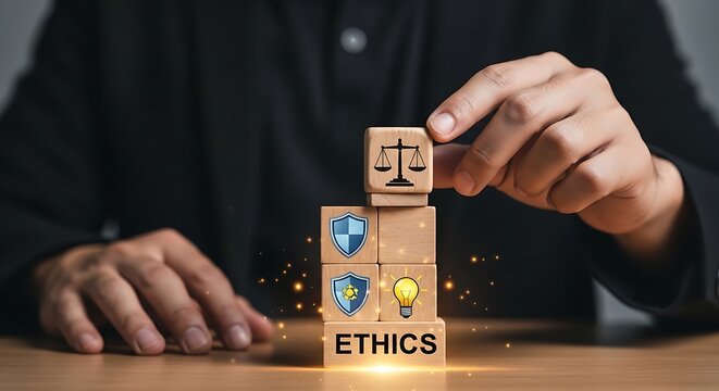 Businessman building ethics concept with wooden blocks and symbols