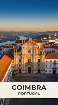 Coimbra Portugal Travel Poster Baroque Church Aerial River Golden Sunset