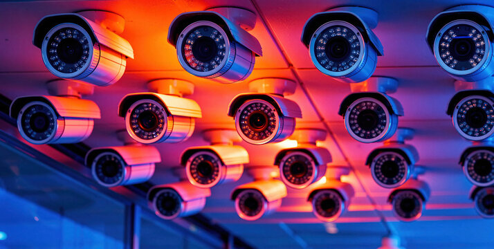 Multiple Security Cameras Installed on Ceiling with Colorful Lighting Effects