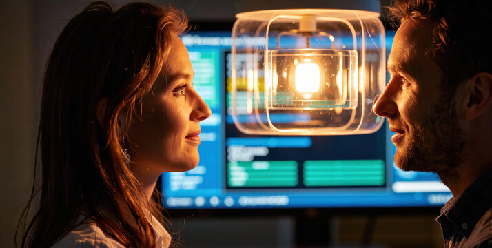 Close-up of a man and woman facing each other with a glowing light fixture between them indoors