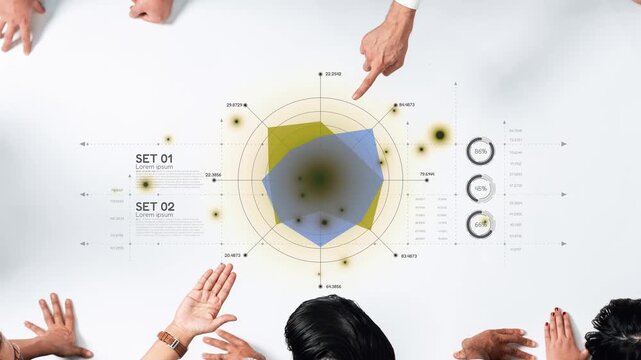 A top-view image showcasing hands pointing at a radar chart on a table, embodying teamwork, analysis, and strategic discussion during a business meeting. Raster