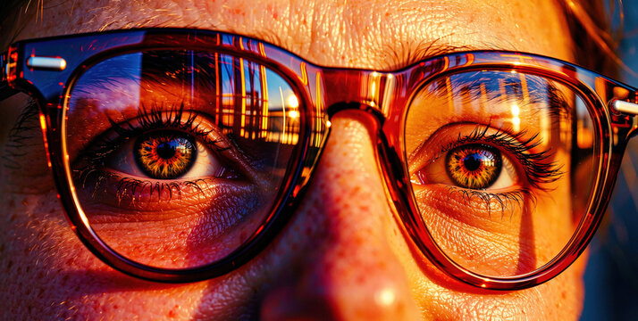 Close-up of Woman's Face Wearing Glasses with City Reflection in Lenses