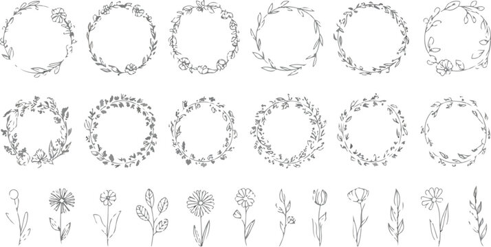 Decorative round floral frames with blooming flowers hand drawn contour lines vintage laurel wreath collection vector illustration set