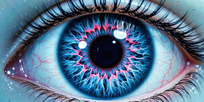Close-up of a Blue Eye with Pink Veins and Black Pupil