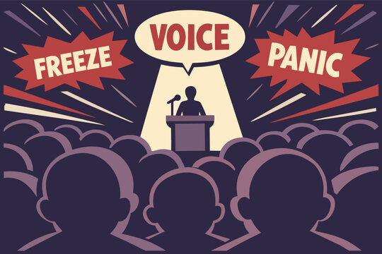 Person standing at a podium in front of a crowd, struggling with public speaking fears, freeze, panic, and voice loss