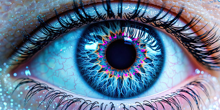 Vibrant Blue Eye with Colorful Iris and Long Eyelashes Close-up