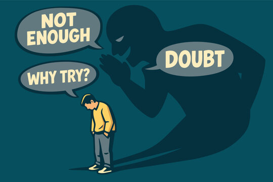 Person feeling anxiety, self-doubt, and low self-esteem while shadow whispers negative thoughts