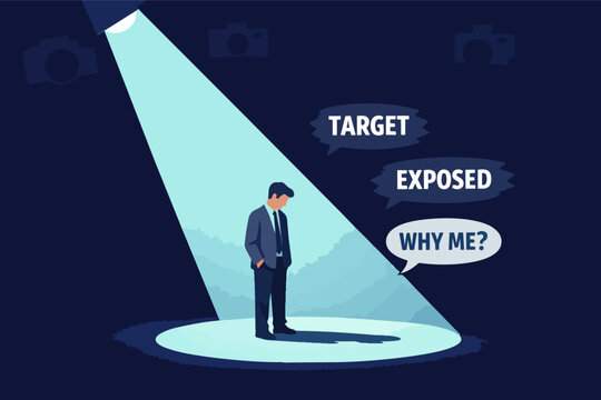 Man standing targeted in a spotlight, surrounded by camera icons, representing public scrutiny, exposure, and harassment