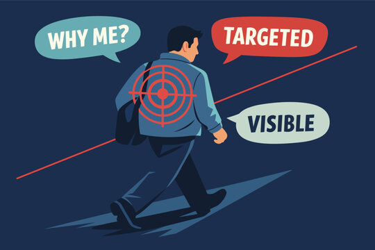 Man targeted with a bulls-eye and laser pointer, experiencing targeting, visibility, and asking why me?