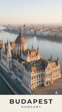 Budapest Hungary Travel Poster Parliament Building Aerial Danube River Sunset
