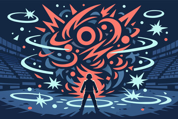Fototapeta premium Silhouette person generating powerful energy burst in arena, unleashing psychic power and chaos