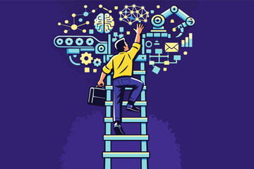 Obraz premium Professional climbing career ladder, reaching for future of artificial intelligence, technology, and innovation