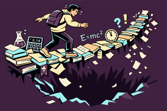 Student navigating educational path over a challenging knowledge gap, balancing learning pressure and academic obstacles