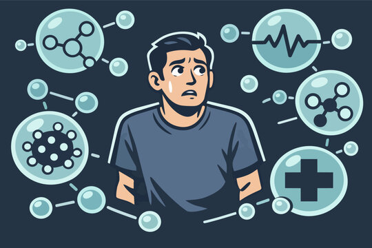 Man experiencing health anxiety, surrounded by virus, molecule, heartbeat, and medical cross icons