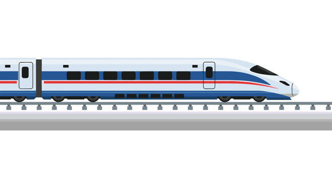 High speed train traveling on railway tracks with blue and red stripes, Generative AI.