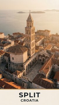 Split Croatia Travel Poster Historic Old Town Aerial Coastal Sunset