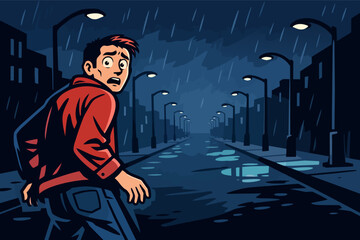 Fototapeta premium Man running away feeling afraid in dark rainy city street at night, experiencing anxiety, fear, and danger