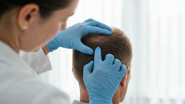A trichologist doctor or hair transplant specialist examining a bald spot on a male patient's head during a medical clinic consultation.
