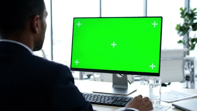 Businessman working at desktop computer with green screen monitor in modern office workspace for mockup presentation and corporate technology use