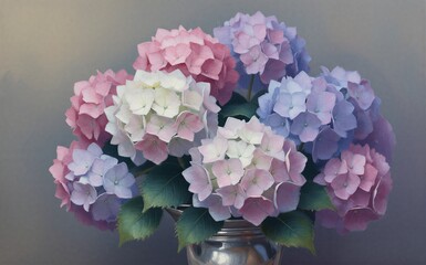 Obraz premium Pastel hydrangeas in a silver vase soft lighting serene composition.