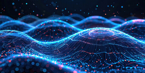 Fototapeta premium Vibrant Digital Landscape with Glowing Blue Waves and Dots on a Dark Background