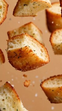 Falling pieces of garlic bread croutons with green herbs and sea salt particles on warm beige background for food snack advertisement