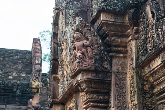 Banteay srei temple pink sandstone carving of kinnara