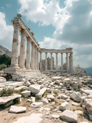 Obraz premium 荒廃した古代ギリシャ風の神殿跡の白い柱(White columns of the ruins of a ruined ancient Greek temple)