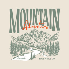 The great outdoors vector print design for t-shirt.Hand drawn Mountain adventure artwork. Mountain explore vintage artwork for apparel, sticker, batch, background, poster and others. © HOT CHILI