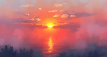 Fototapeta premium sunset, evening, dusk, twilight, sun, sunlight, glow, orange, red, yellow, sky, clouds, horizon, sea, ocean, water, waves, beach, shore, coastline, reflection, light, shimmer, warm, calm, peaceful, se