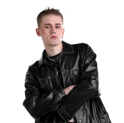 Obraz premium Young man in stylish clothes and accessories on white background