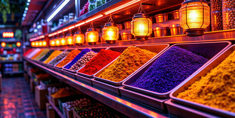 Vibrant Spice Market Stall with Colorful Powders and Warm Lantern Lighting