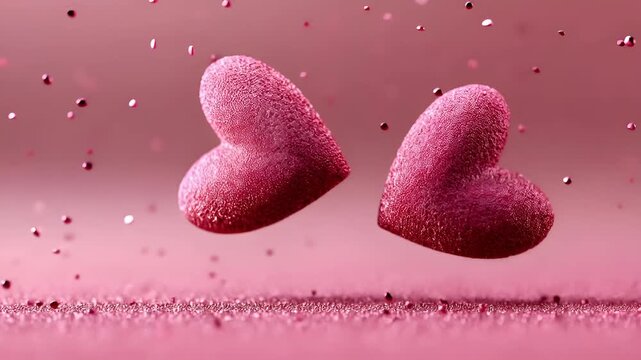 Romantic love theme for Valentines Day. Two pink glittery, heartshaped objects floating in the air against a vibrant pink background.