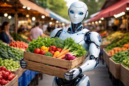 Androide dom&eacute;stico llevando una caja de verduras y hortalizas en el mercado.