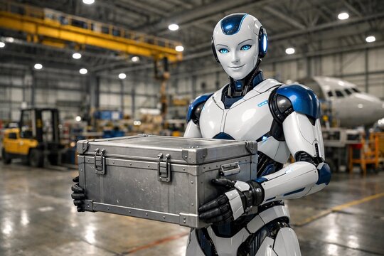 Androide llevando caja de carga en hangar.