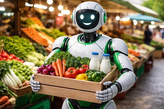 Androide dom&eacute;stico llevando una caja de verduras y hortalizas en el mercado.