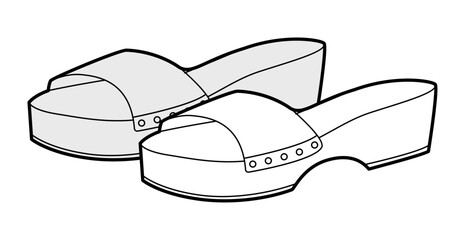 Fototapeta premium Clog sandal shoe women sketch pair. Platform slide sandal for casual summer outfit city walk. Technical fashion illustration CAD mockup vector man unisex isolated classic style.