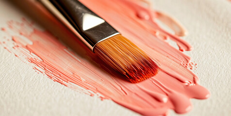 Fototapeta premium Paintbrush with Orange Paint on White Canvas, Art Supplies Closeup