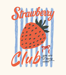 Hand drawn Strawberry Tee Shirt. Fruit vintage t-shirt. California strawberry. Sweet berry fruit club print design. Fruit of the spirit. Sweet and juicy strawberry t shirt artwork. Feeling berry mood. © HOT CHILI