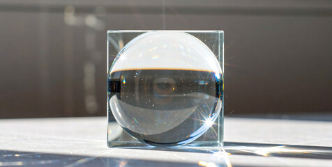 Glass Cube with Water and Air Bubble, Transparent Liquid, Reflection, and Light Refraction