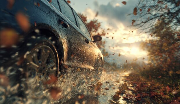 Black suv driving through a wet autumn forest road with fallen leaves and splashing water under a cloudy sky