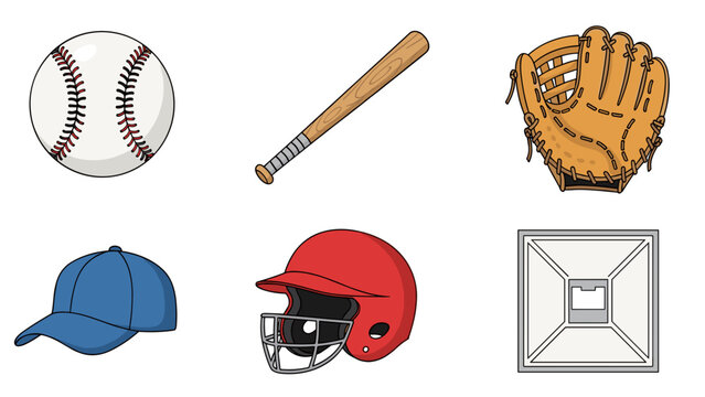 A colorful vector graphic illustration of various sports equipment icons