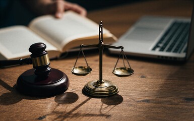 Obraz premium Lawyer's desk: gavel scales laptop book symbolizing justice and