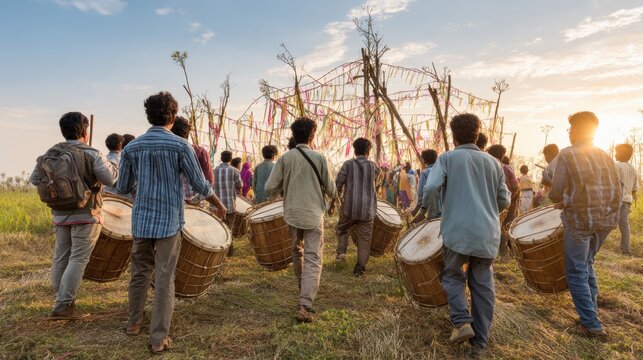 Group of Assamese drummers walking toward Bohag Bihu festival celebration in rural field at sunset. Traditional music procession with dhol drums for Assamese culture and spring harvest festival
